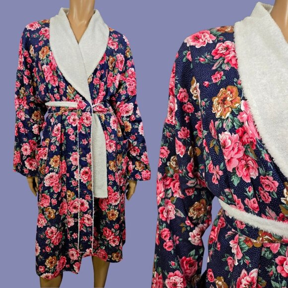 Vintage Diamond Tea Floral Cotton Robe Size L Terry Lined Navy Blue Pink - Picture 1 of 11